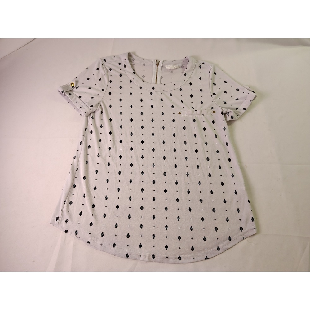 The Workshop Womens White Geometric Print Short Sleeve Zipper Back Top Blouse S